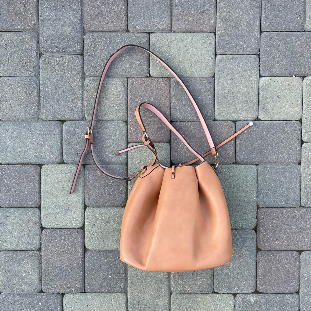 Tan Faux Leather Bucket Purse with Crossbody Option